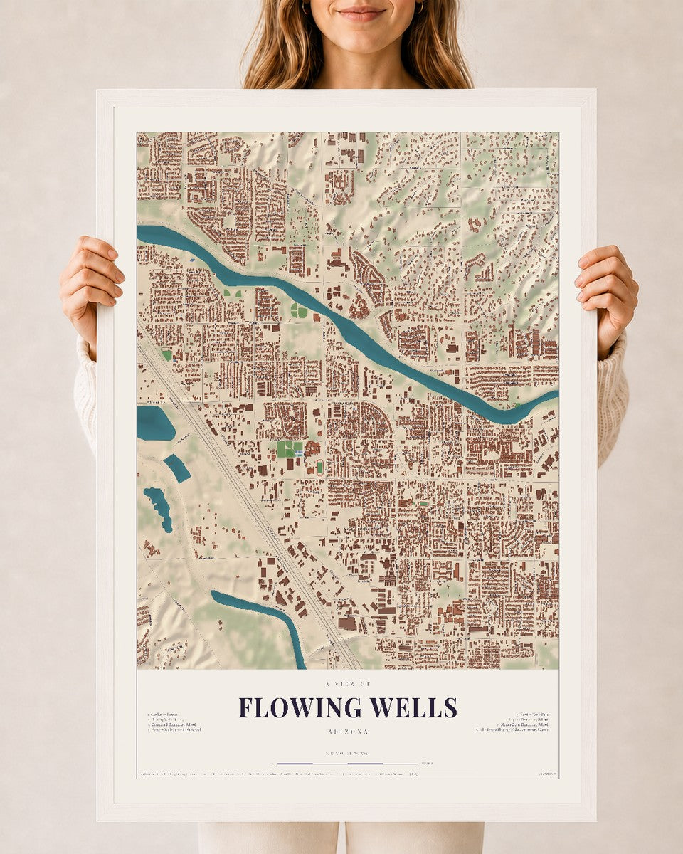 Map of Flowing Wells, Arizona, 24 x 36 inch print in a white wood frame