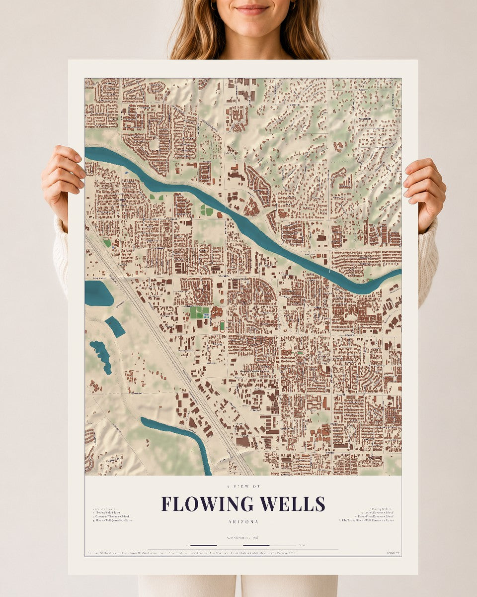 Map of Flowing Wells, Arizona, 24 x 36 inch unframed archival matte print