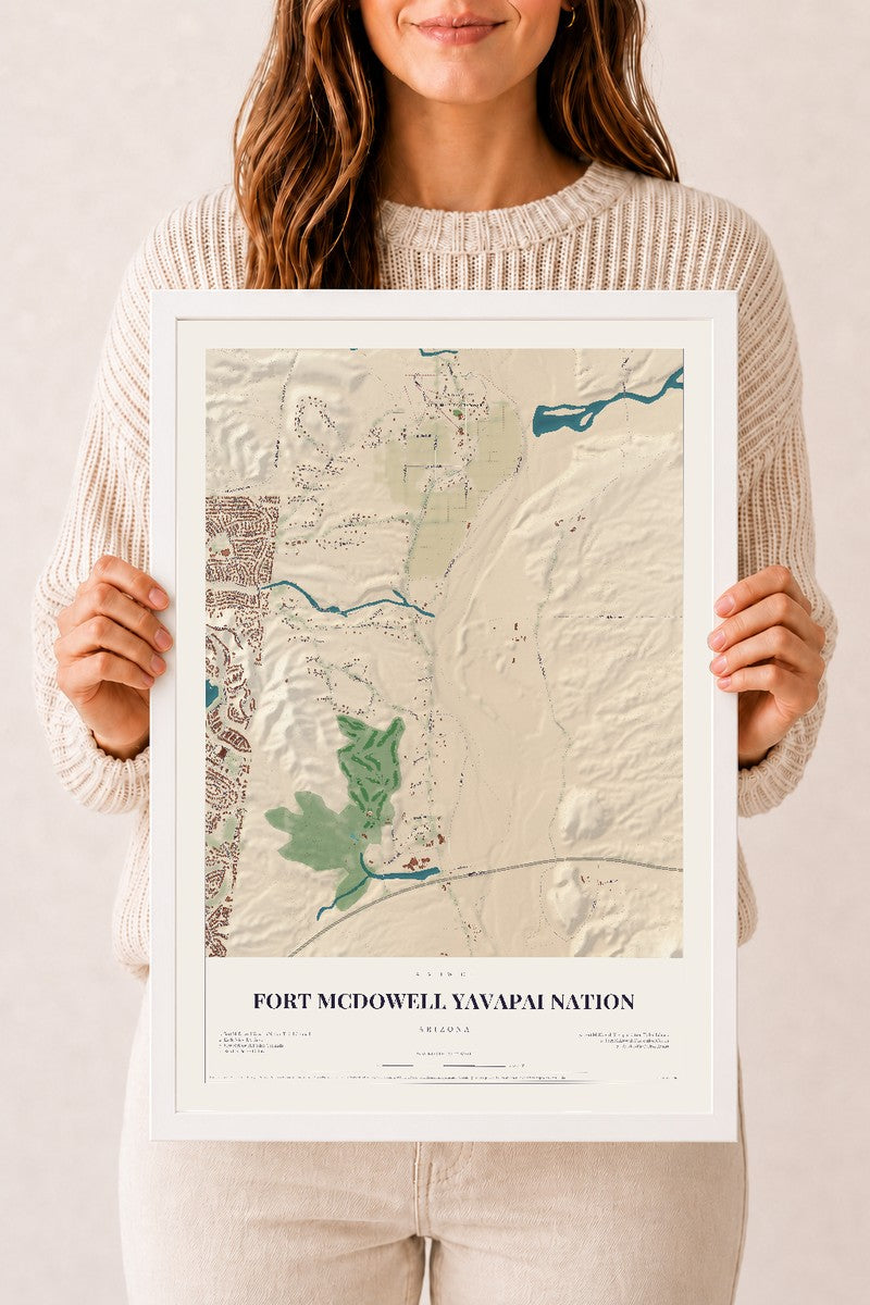 Fort McDowell Yavapai Nation, Arizona map print, 12" x 18", W/ White Ayous Wood Frame