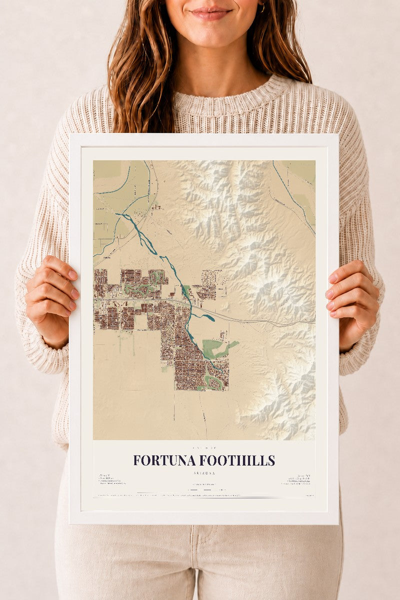 Map of Fortuna Foothills, Arizona, 12 x 18 inch print in a white wood frame