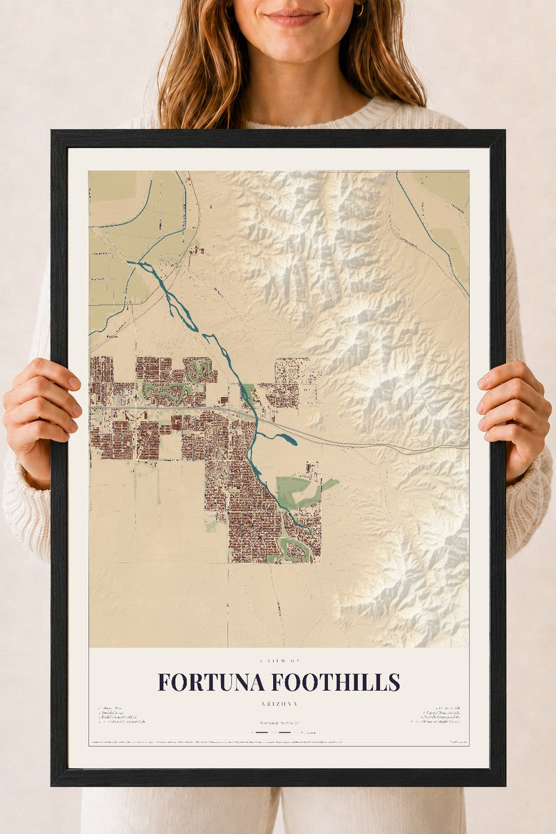 Map of Fortuna Foothills, Arizona, 18 x 24 inch print in a black wood frame