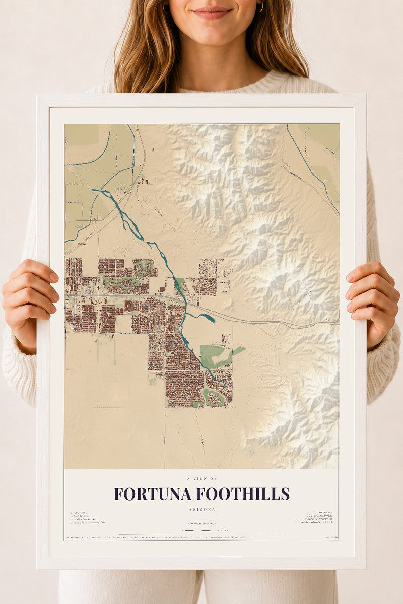 Map of Fortuna Foothills, Arizona, 18 x 24 inch print in a white wood frame