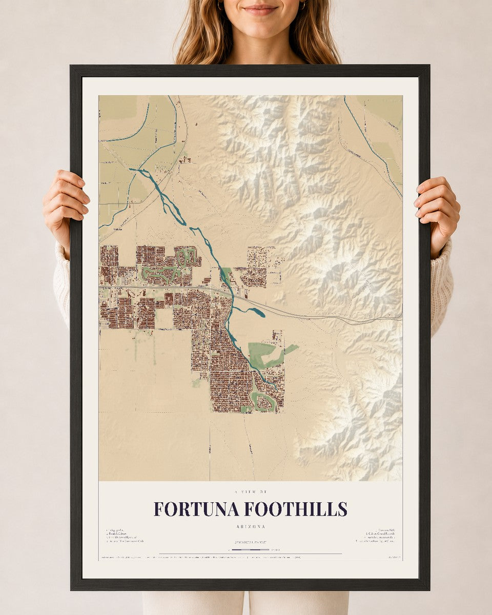 Map of Fortuna Foothills, Arizona, 24 x 36 inch print in a black wood frame