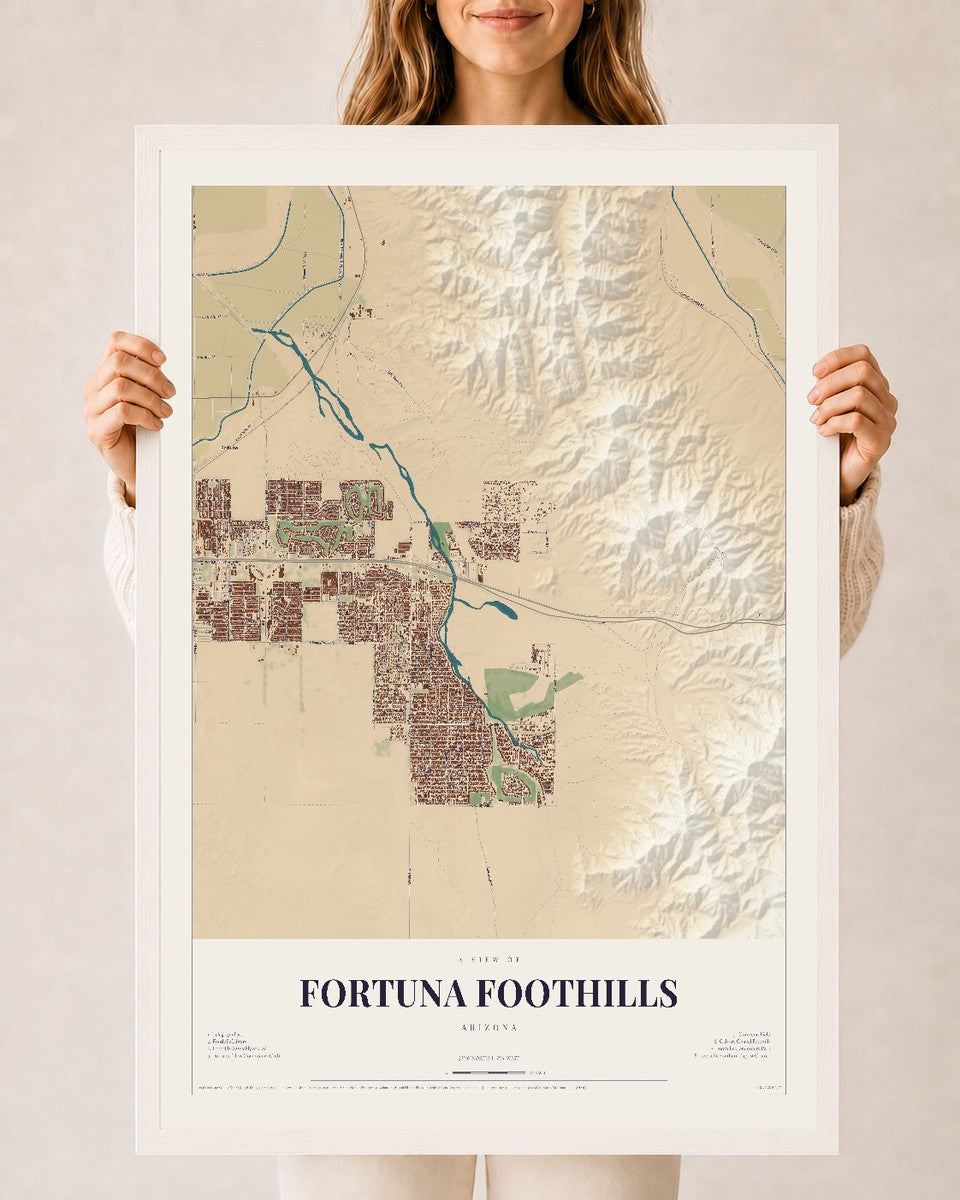 Map of Fortuna Foothills, Arizona, 24 x 36 inch print in a white wood frame