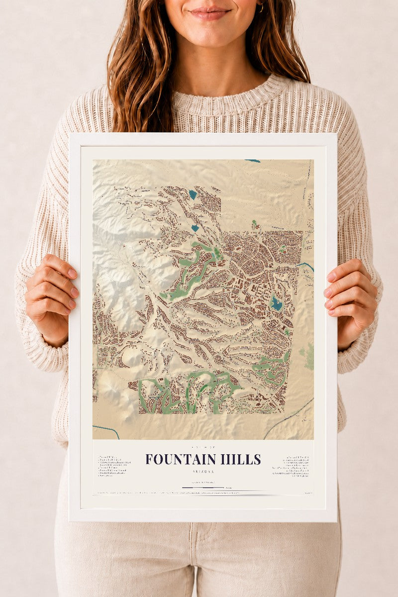 Fountain Hills, Arizona map print, 12" x 18", W/ White Ayous Wood Frame
