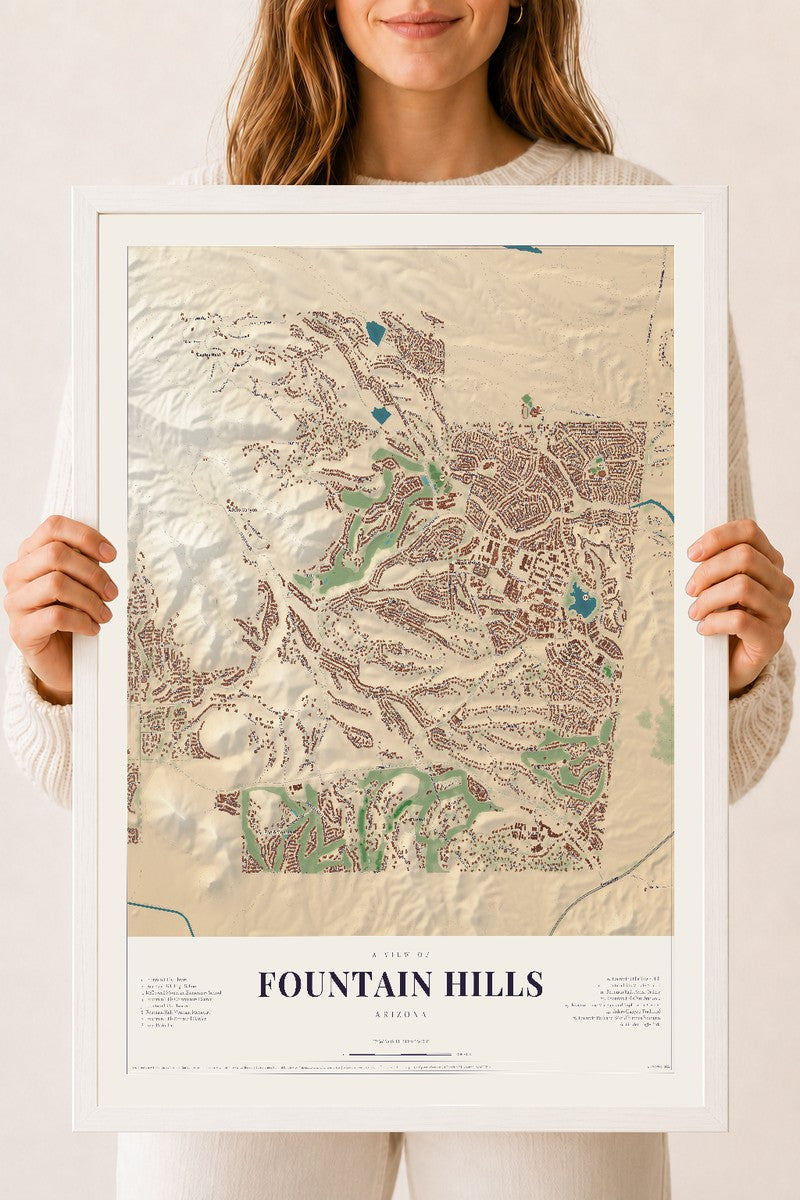 Fountain Hills, Arizona map print, 18" x 24", W/ White Ayous Wood Frame