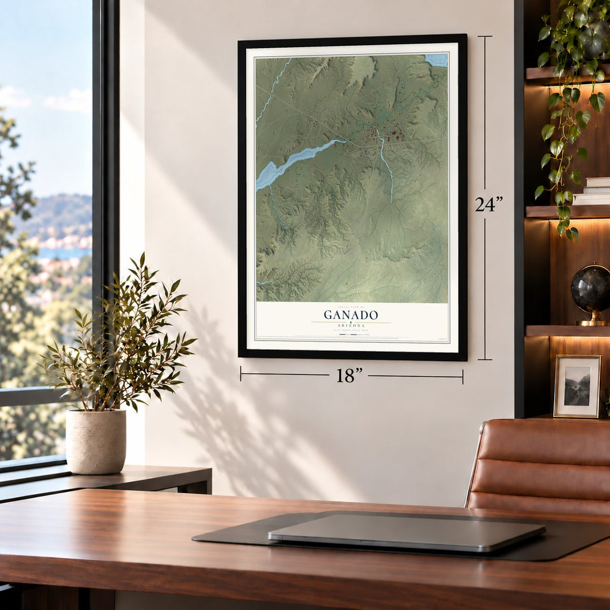 Ganado, Arizona map, 18 x 24 inch print in a black frame in a home office