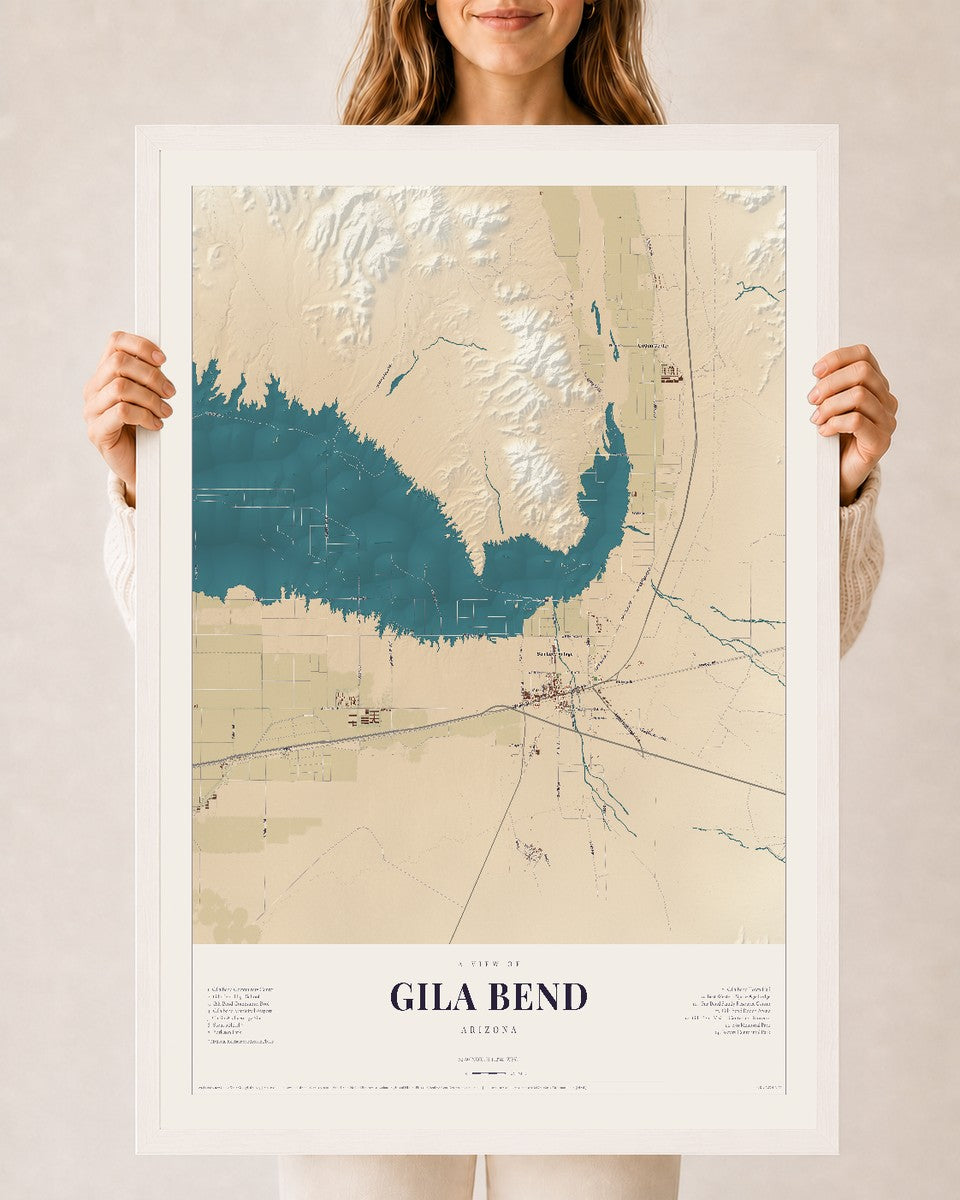 Gila Bend, Arizona map print, 24" x 36", W/ White Ayous Wood Frame