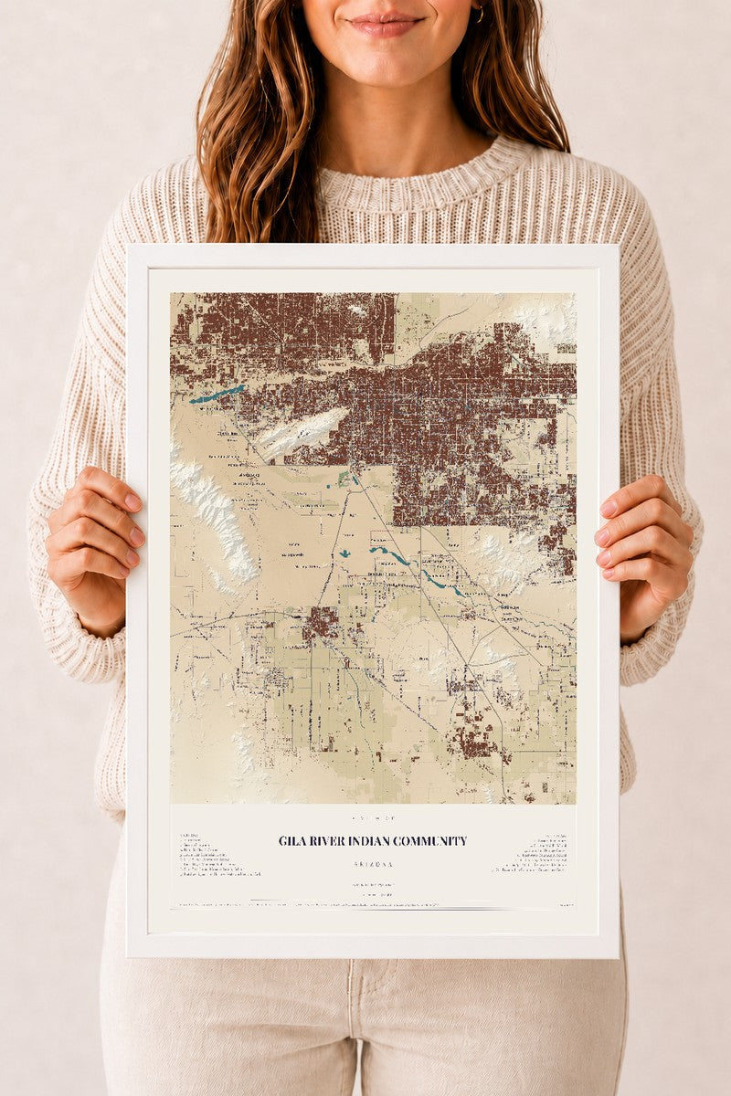 Map of Gila River Indian Community, Arizona, 12 x 18 inch print in a white wood frame