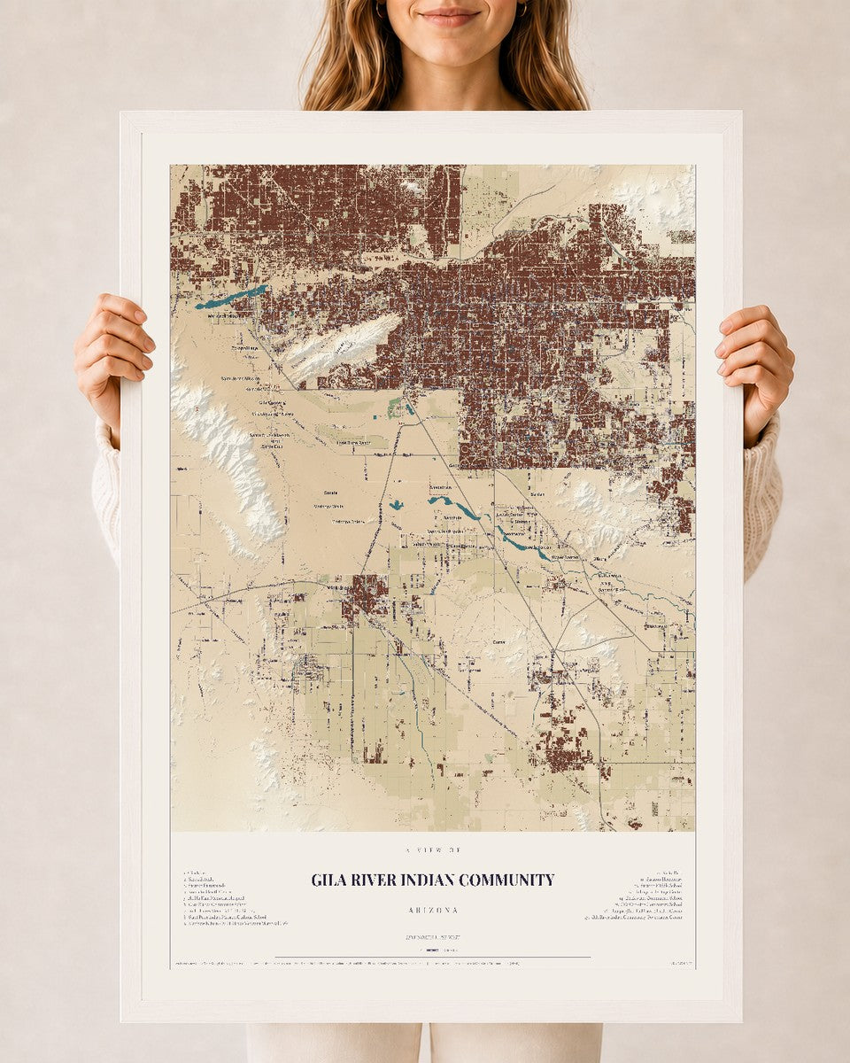 Map of Gila River Indian Community, Arizona, 24 x 36 inch print in a white wood frame