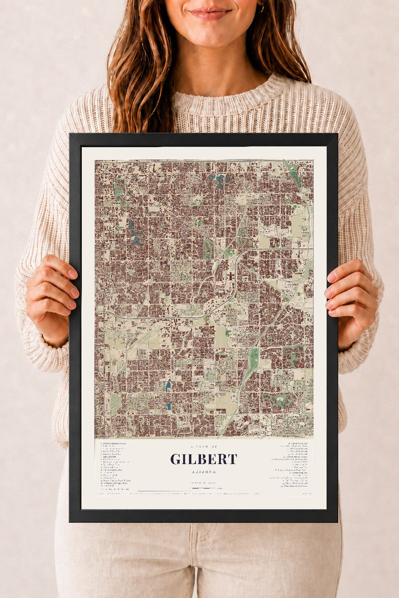 Gilbert, Arizona map print, 12" x 18", W/ Black Ayous Wood Frame