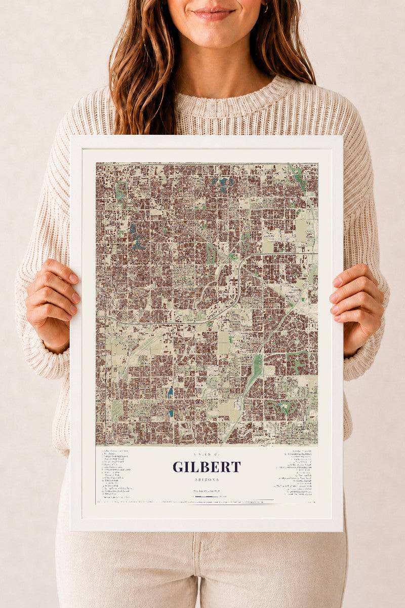 Gilbert, Arizona map print, 12" x 18", W/ White Ayous Wood Frame