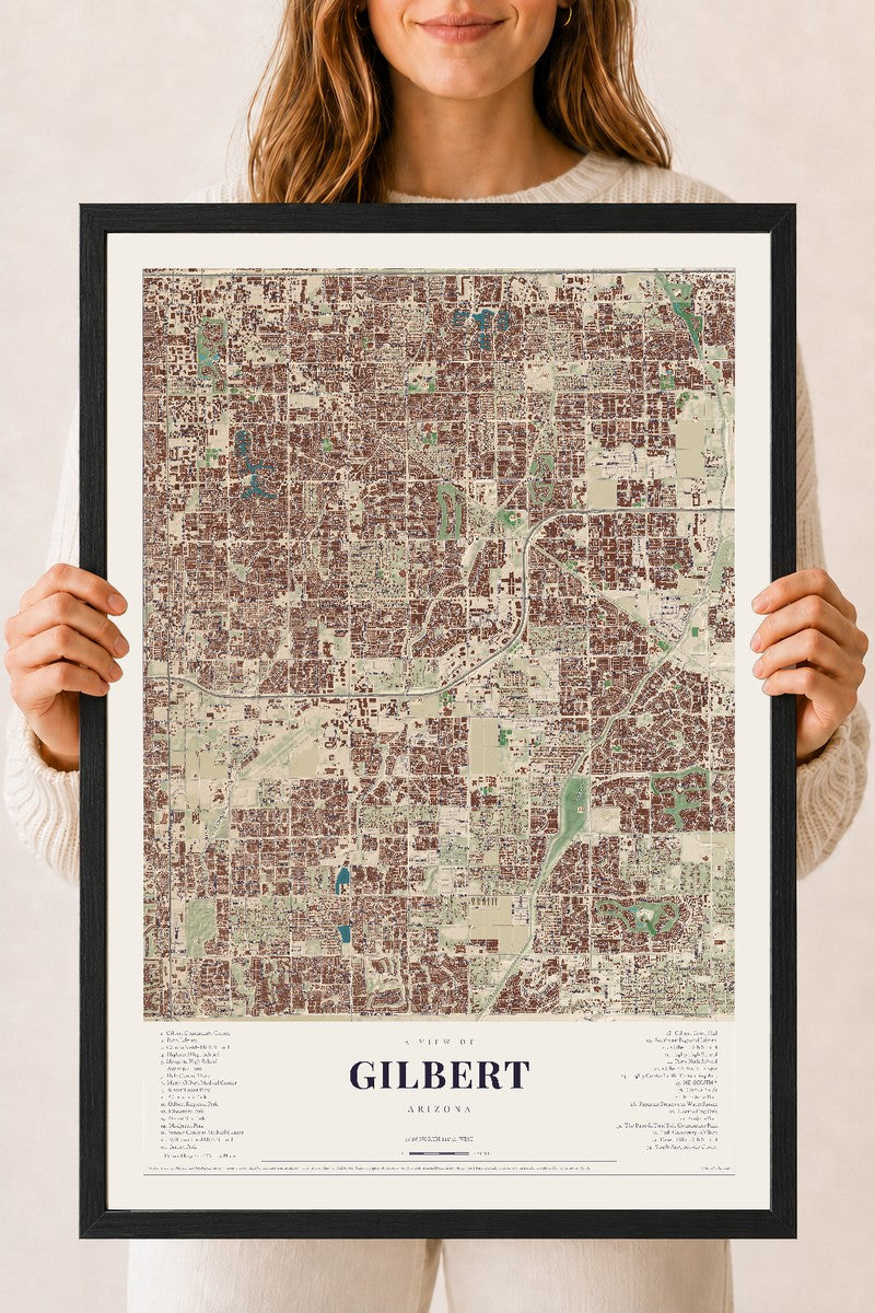 Gilbert, Arizona map print, 18" x 24", W/ Black Ayous Wood Frame