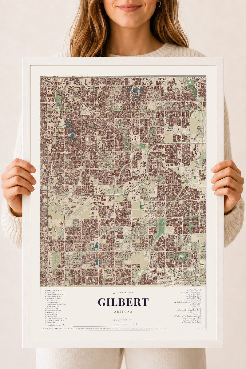 Gilbert, Arizona map print, 18" x 24", W/ White Ayous Wood Frame