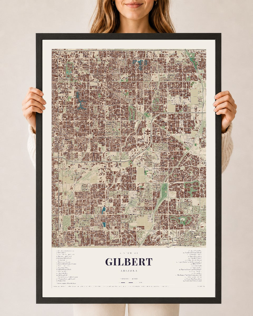 Gilbert, Arizona map print, 24" x 36", W/ Black Ayous Wood Frame