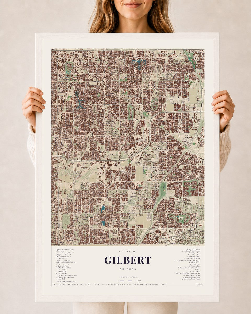 Gilbert, Arizona map print, 24" x 36", W/ White Ayous Wood Frame