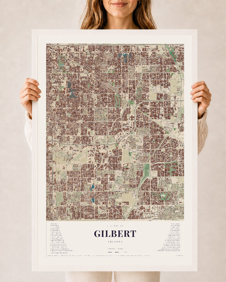 Map of Gilbert, Arizona, 24 x 36 inch print in a white wood frame