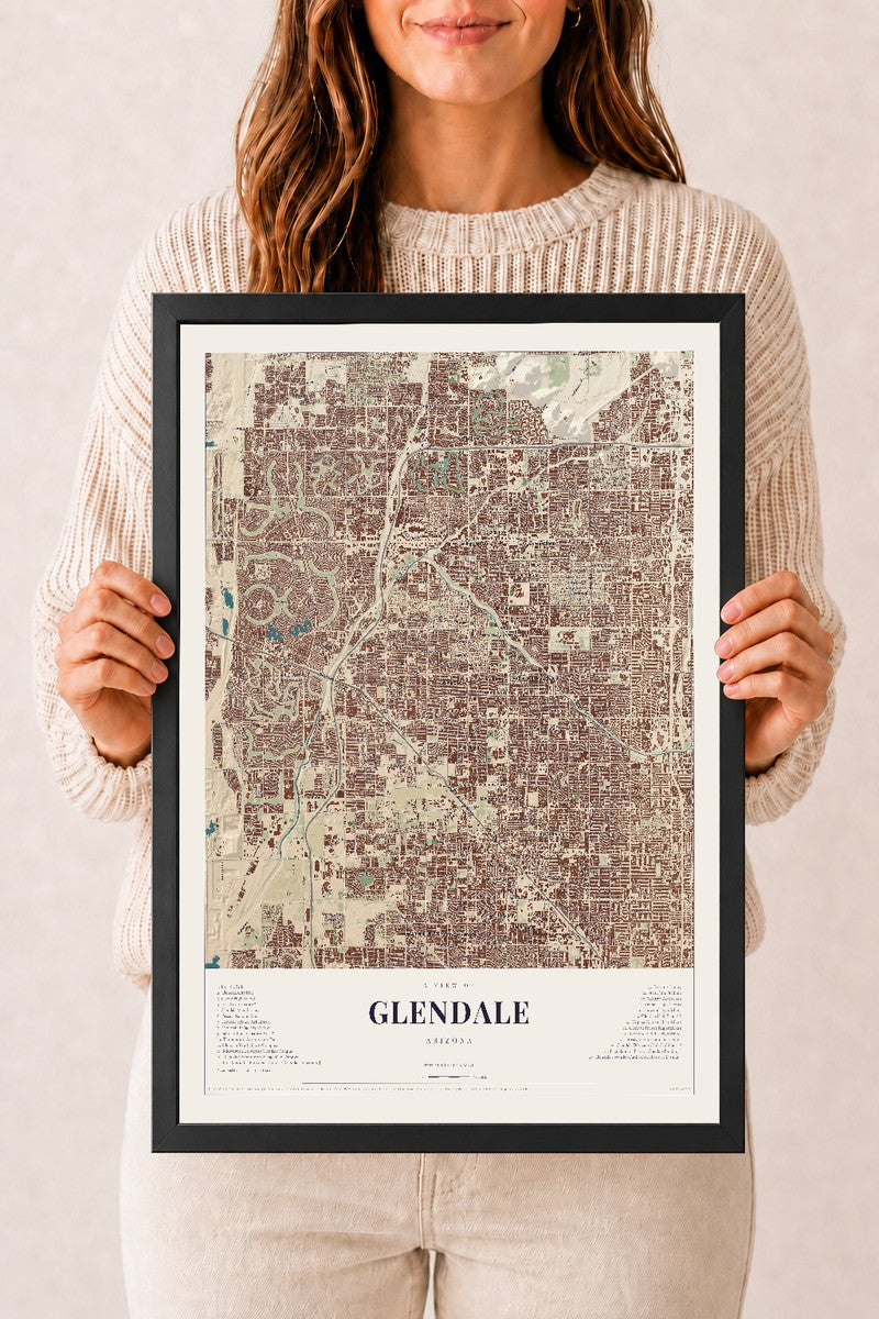 Map of Glendale, Arizona, 12 x 18 inch print in a black wood frame