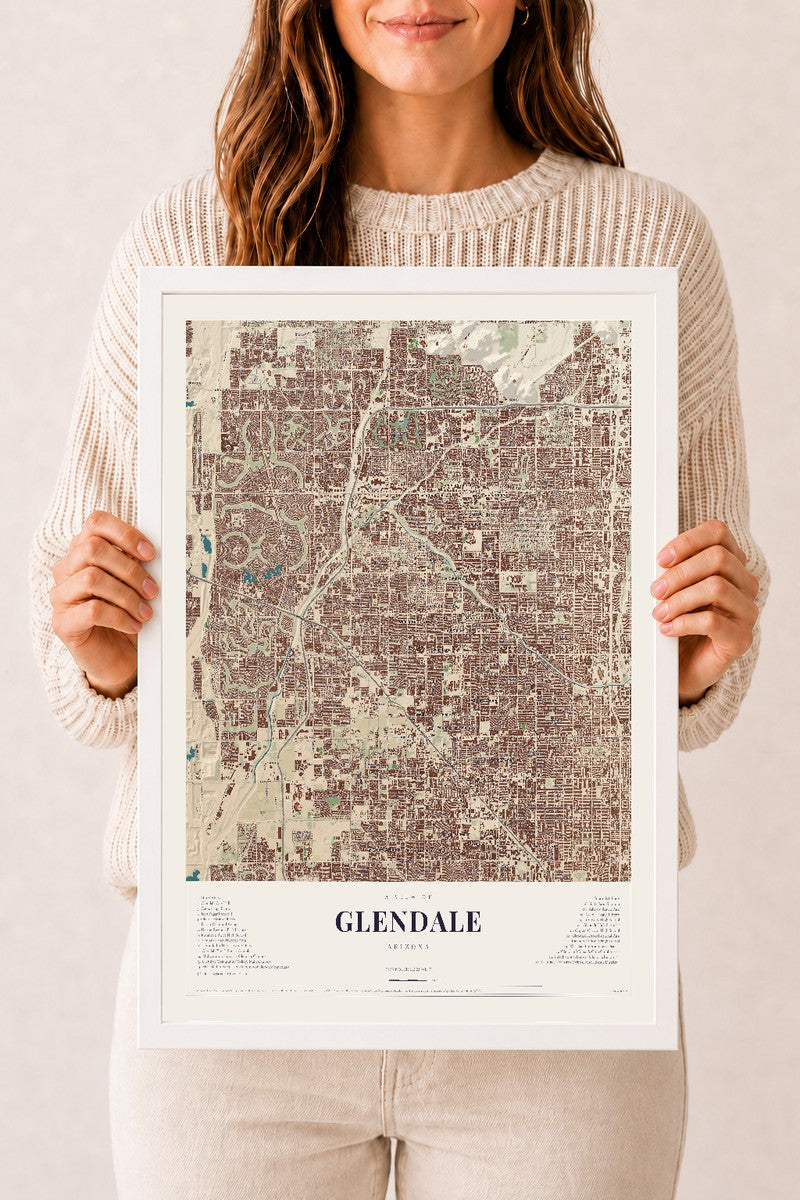Map of Glendale, Arizona, 12 x 18 inch print in a white wood frame