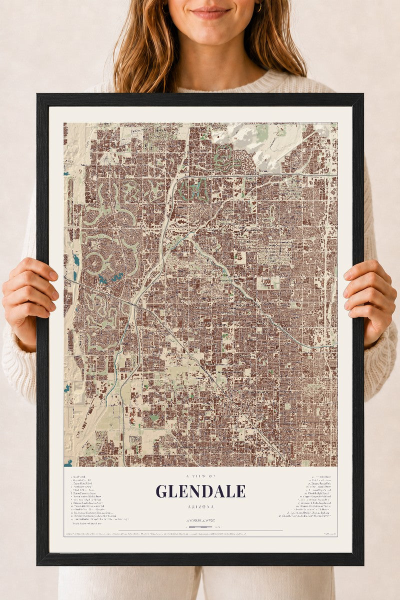 Map of Glendale, Arizona, 18 x 24 inch print in a black wood frame
