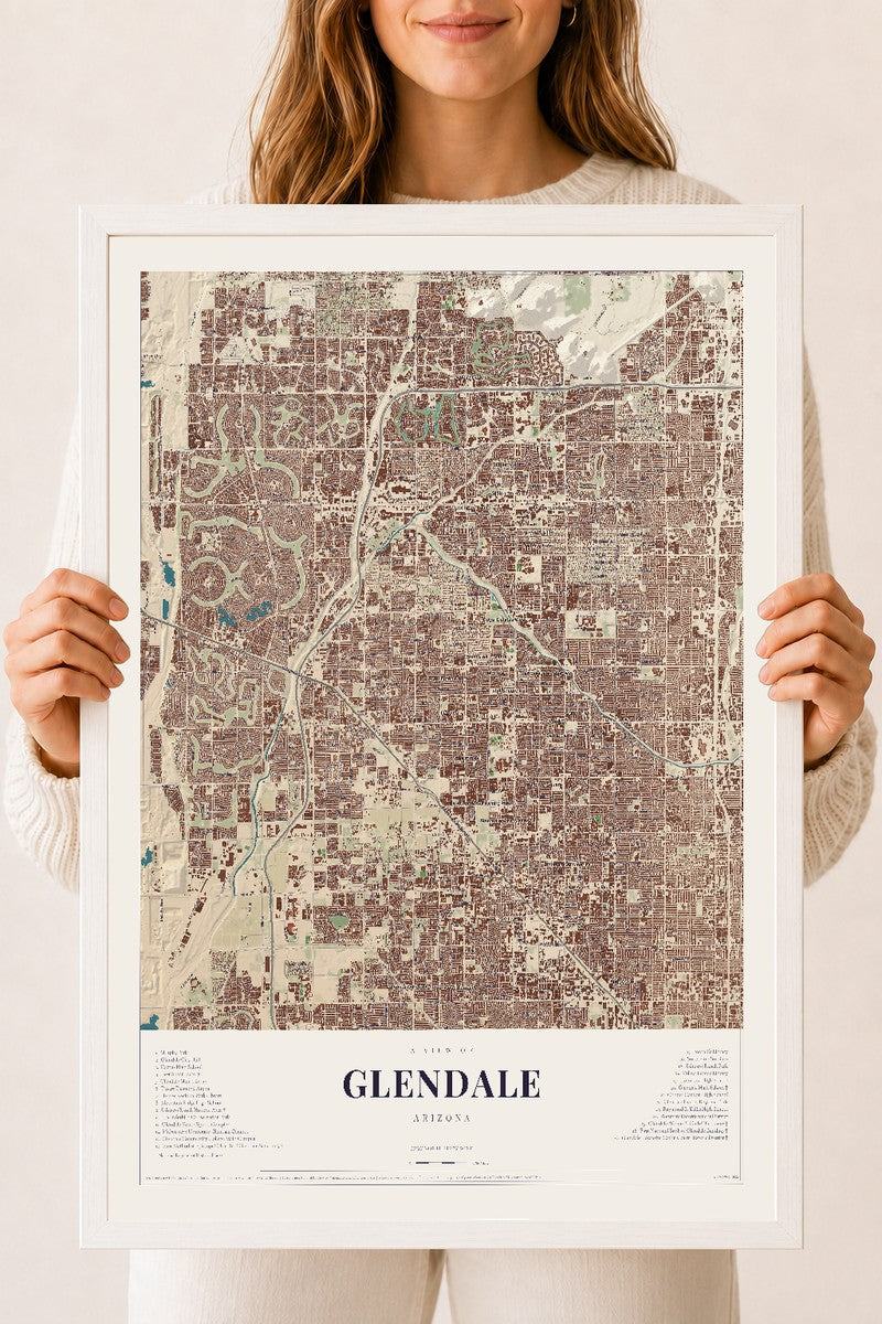 Map of Glendale, Arizona, 18 x 24 inch print in a white wood frame