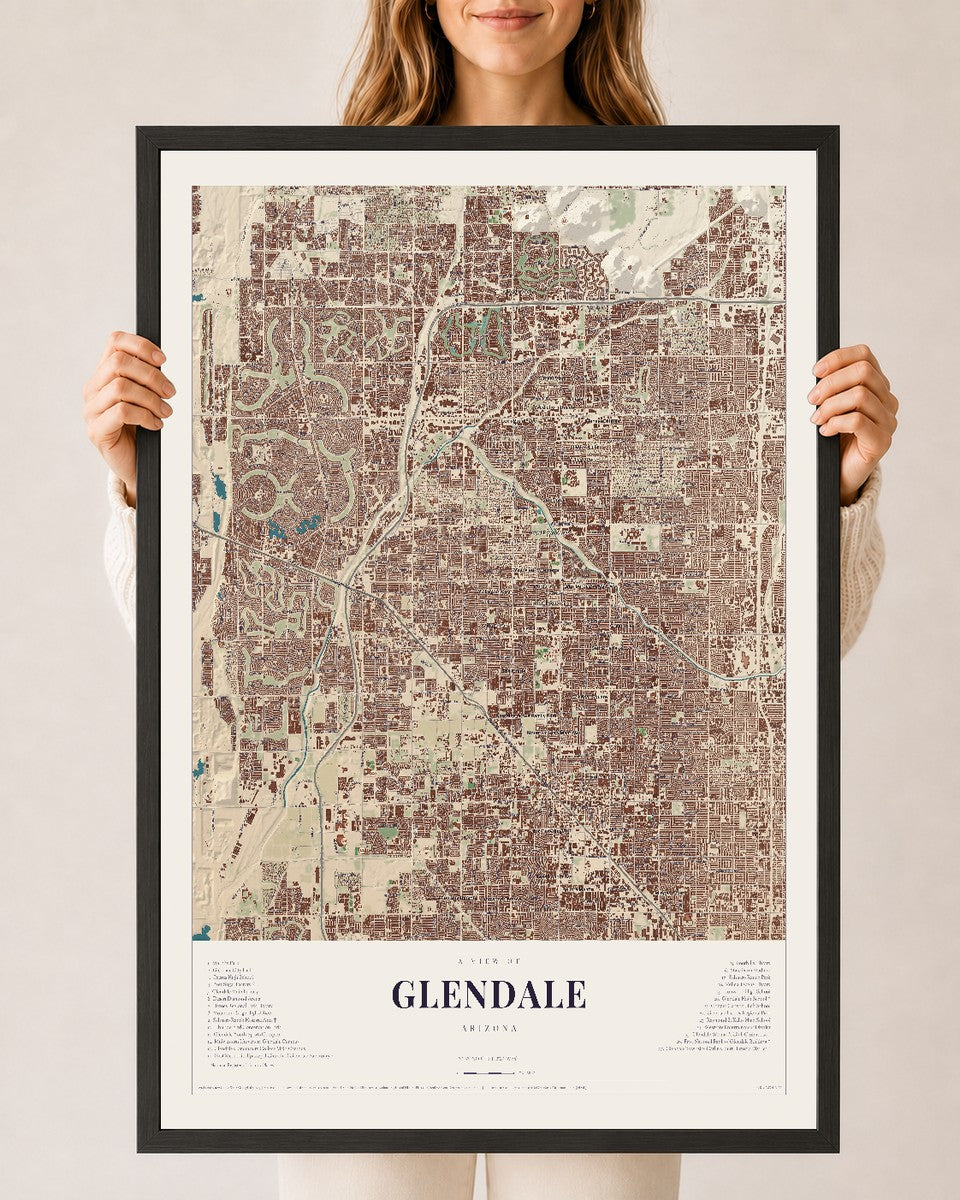 Map of Glendale, Arizona, 24 x 36 inch print in a black wood frame