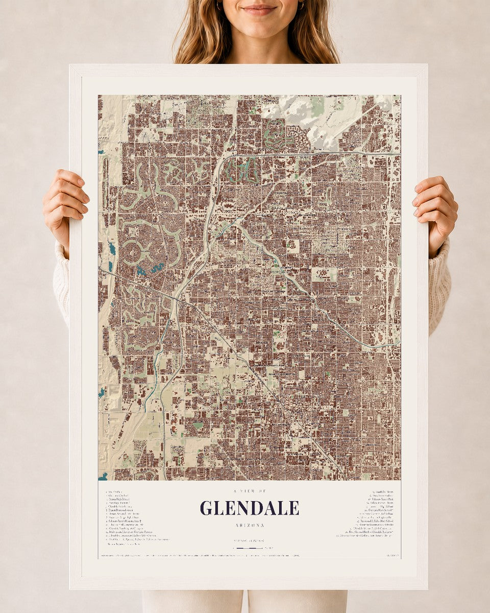 Map of Glendale, Arizona, 24 x 36 inch print in a white wood frame