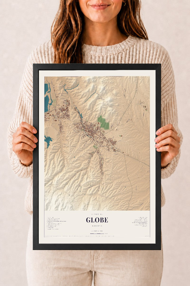 Globe, Arizona map print, 12" x 18", W/ Black Ayous Wood Frame