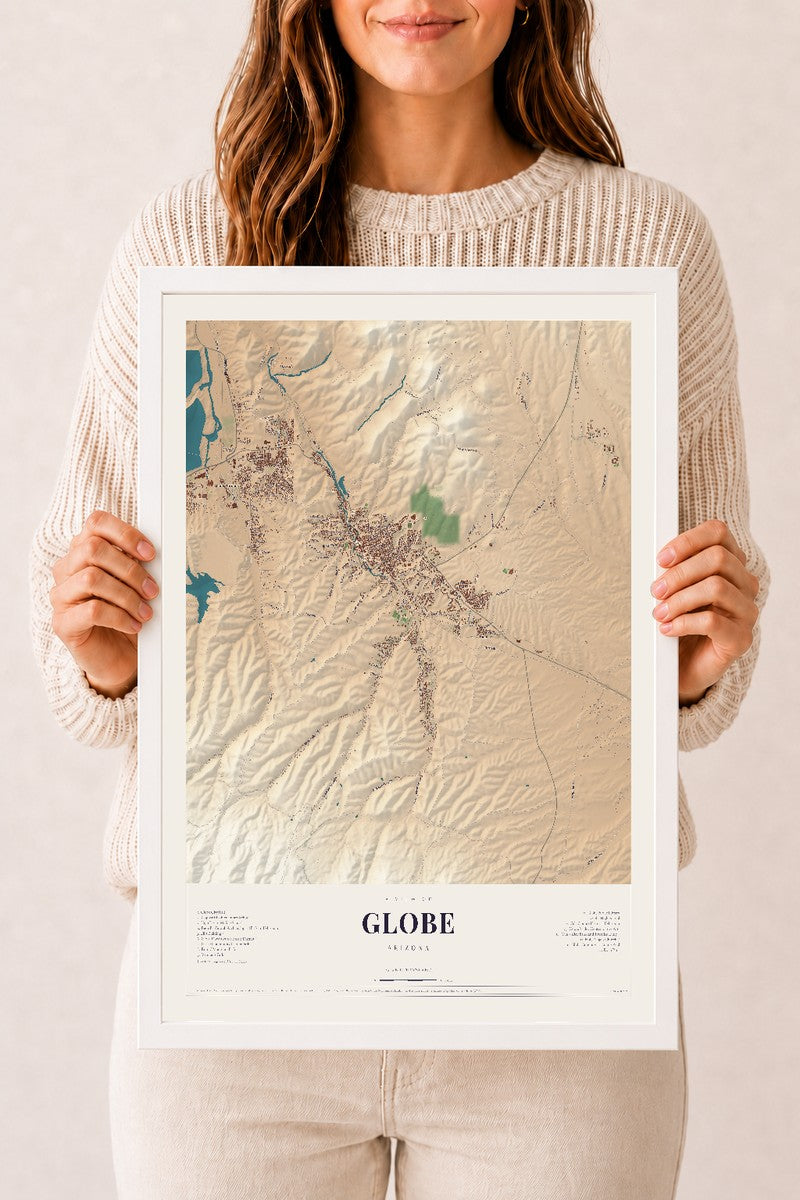 Globe, Arizona map print, 12" x 18", W/ White Ayous Wood Frame