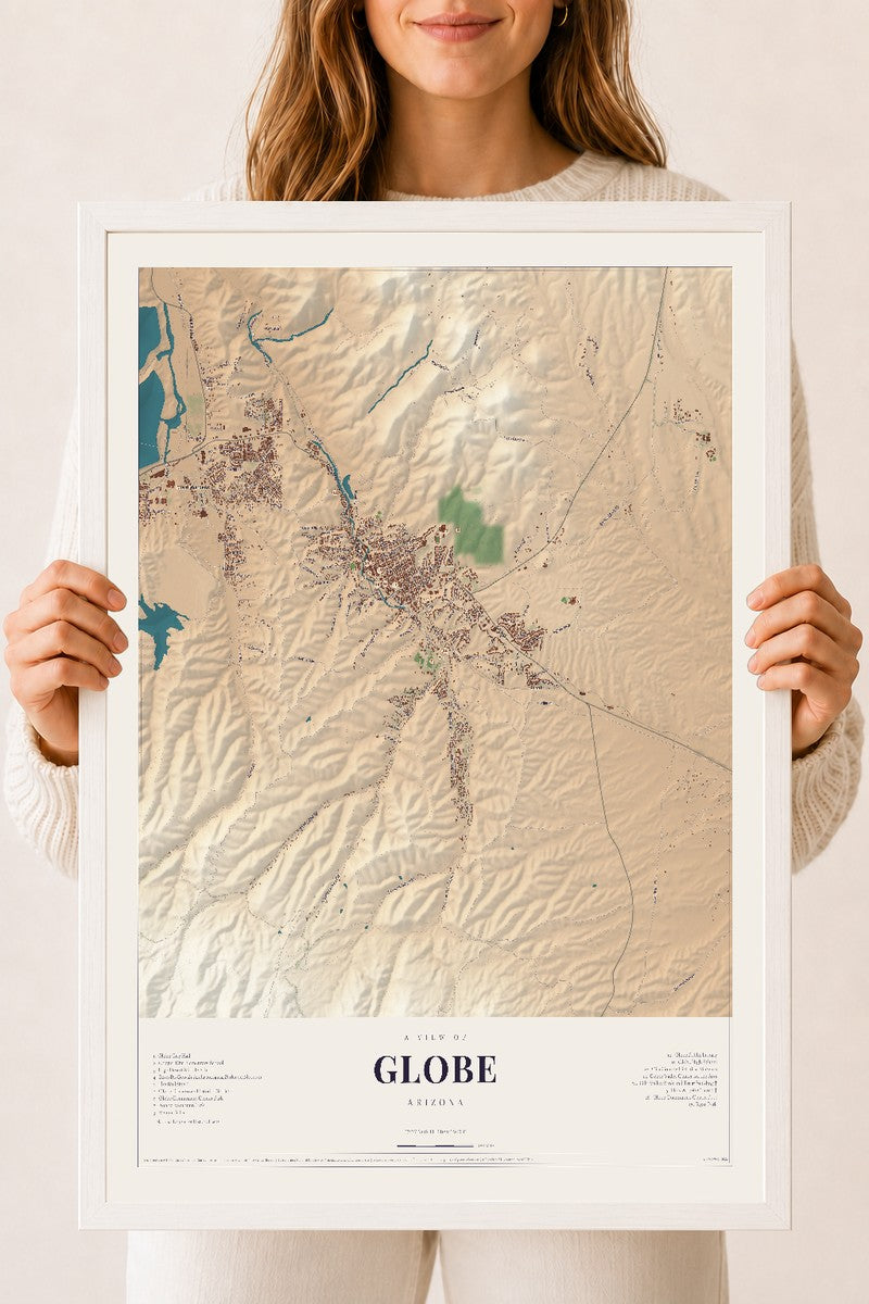 Globe, Arizona map print, 18" x 24", W/ White Ayous Wood Frame