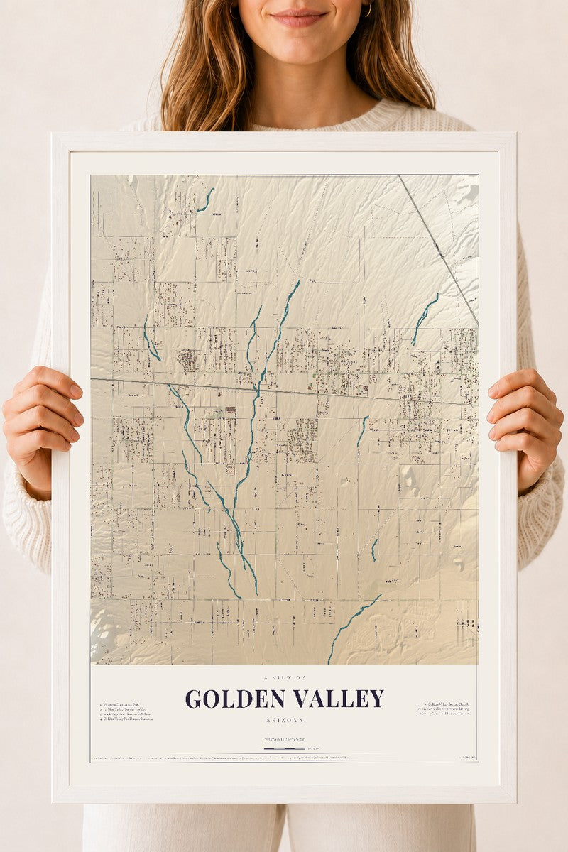 Map of Golden Valley, Arizona, 18 x 24 inch print in a white wood frame