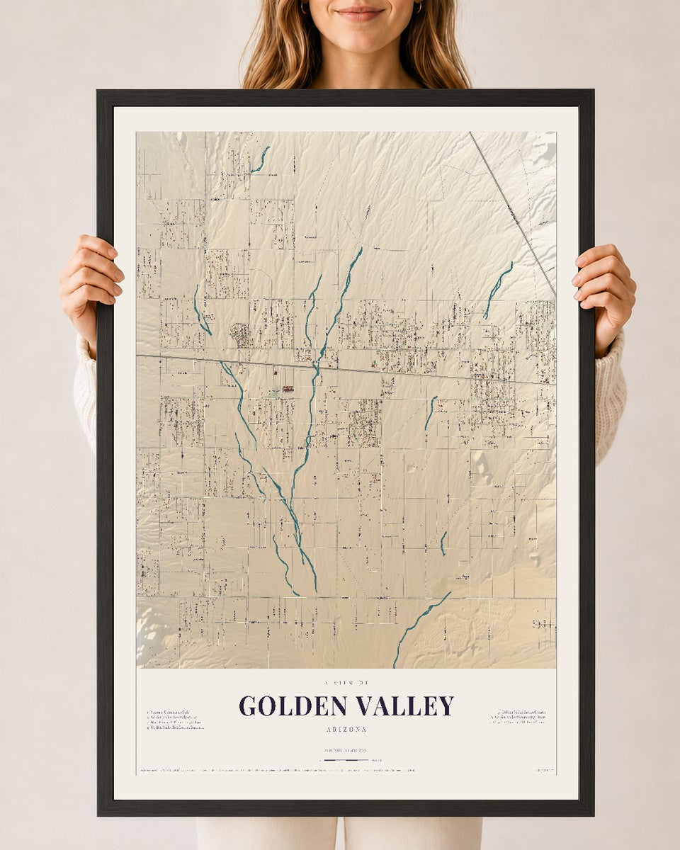Map of Golden Valley, Arizona, 24 x 36 inch print in a black wood frame