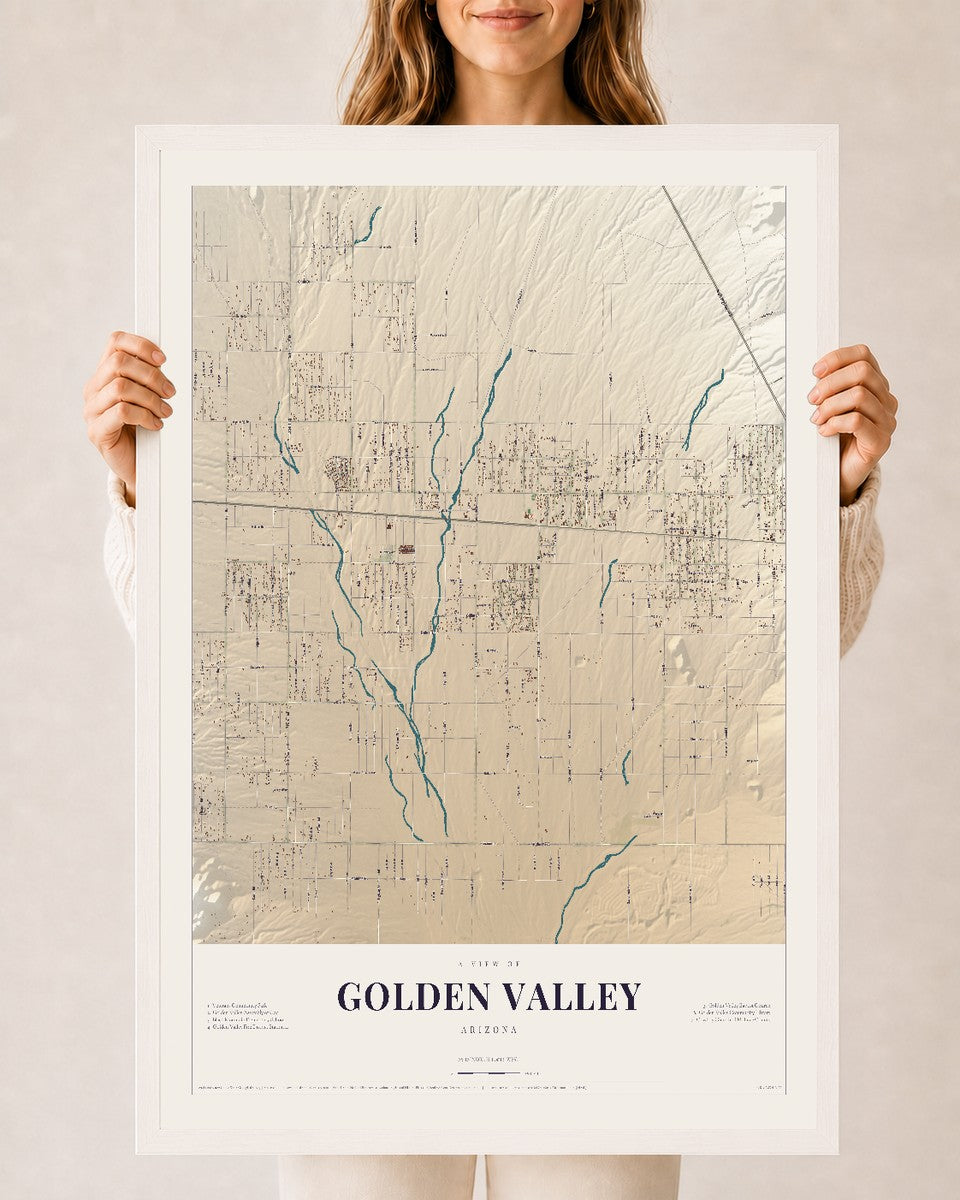 Map of Golden Valley, Arizona, 24 x 36 inch print in a white wood frame
