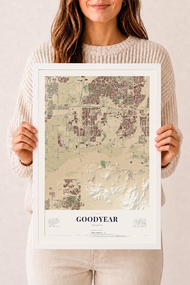 Goodyear, Arizona map print, 12" x 18", W/ White Ayous Wood Frame