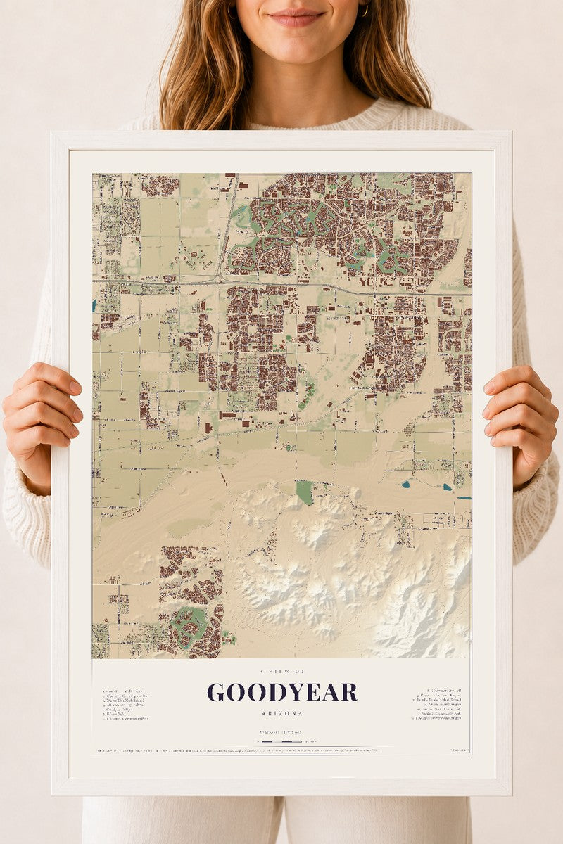 Goodyear, Arizona map print, 18" x 24", W/ White Ayous Wood Frame
