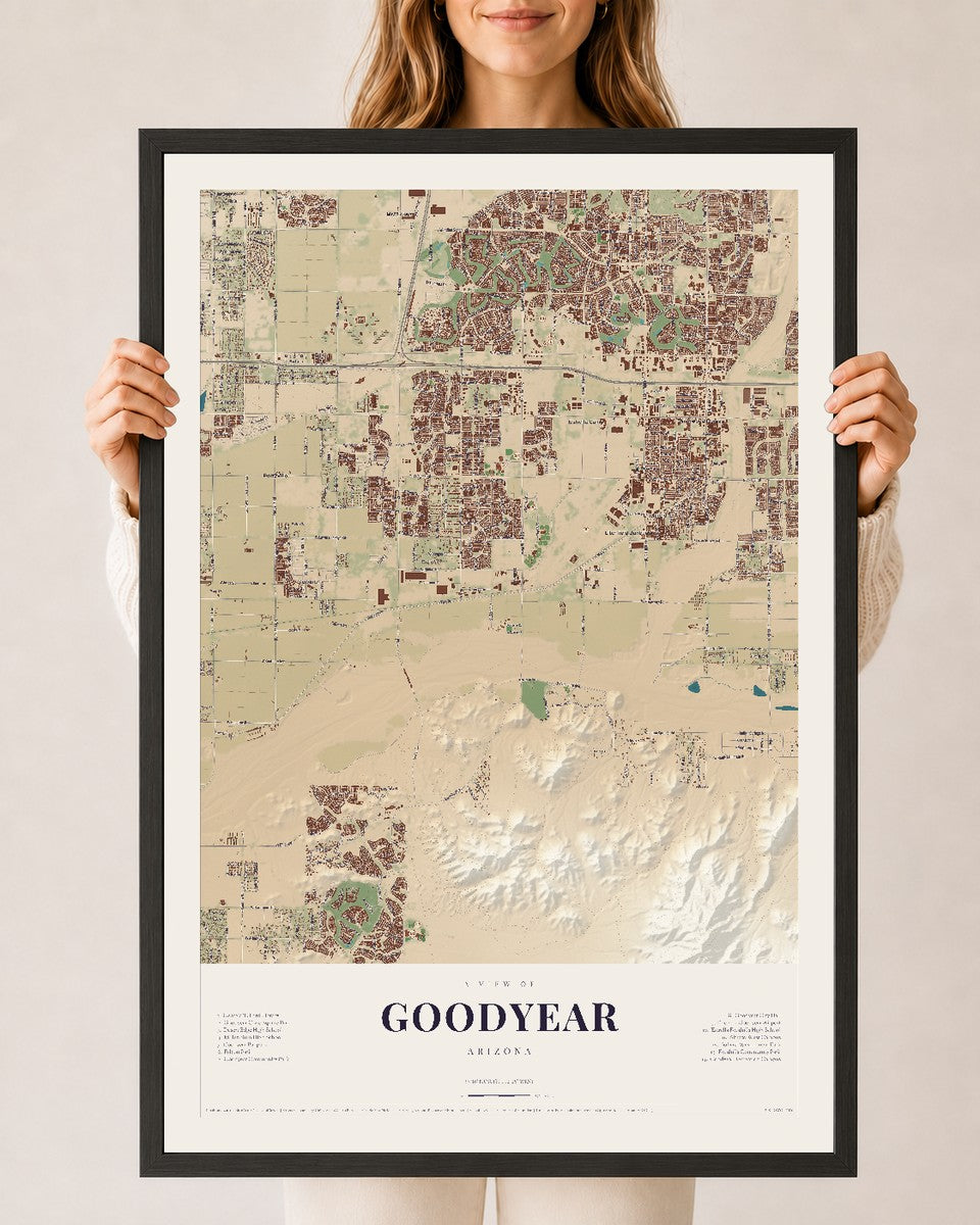 Goodyear, Arizona map print, 24" x 36", W/ Black Ayous Wood Frame