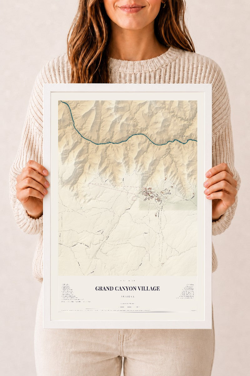 Map of Grand Canyon Village, Arizona, 12 x 18 inch print in a white wood frame