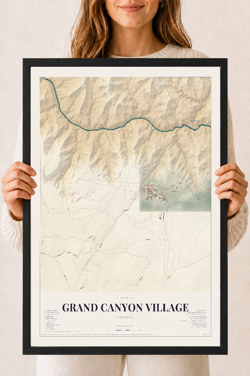 Grand Canyon Village, Arizona map print, 18" x 24", W/ Black Ayous Wood Frame
