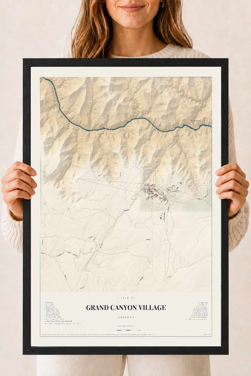 Map of Grand Canyon Village, Arizona, 18 x 24 inch print in a black wood frame
