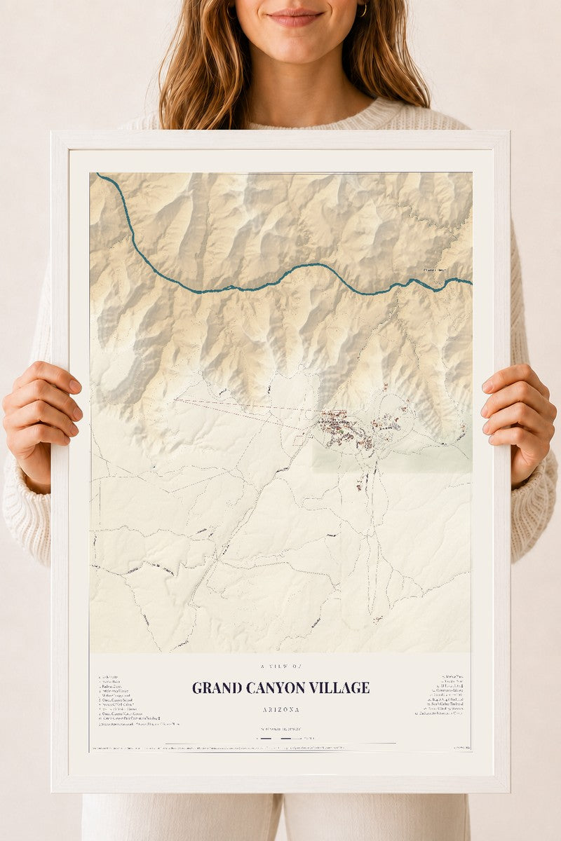 Map of Grand Canyon Village, Arizona, 18 x 24 inch print in a white wood frame