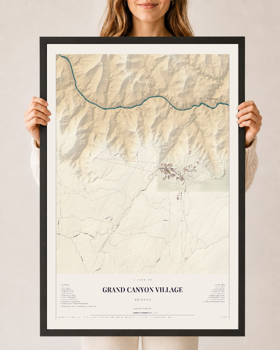 Map of Grand Canyon Village, Arizona, 24 x 36 inch print in a black wood frame