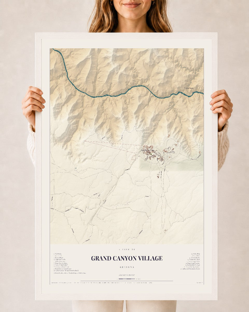 Map of Grand Canyon Village, Arizona, 24 x 36 inch print in a white wood frame