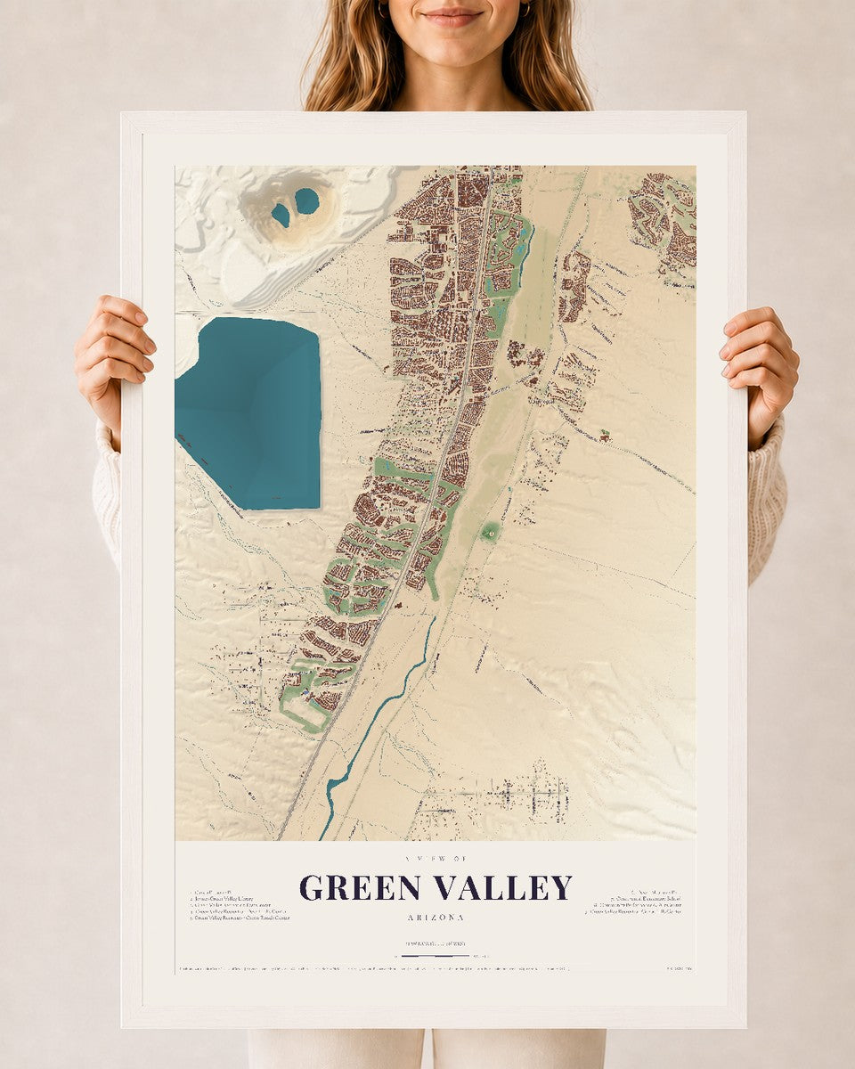 Map of Green Valley, Arizona, 24 x 36 inch print in a white wood frame