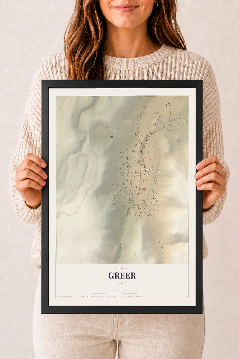 Map of Greer, Arizona, 12 x 18 inch print in a black wood frame