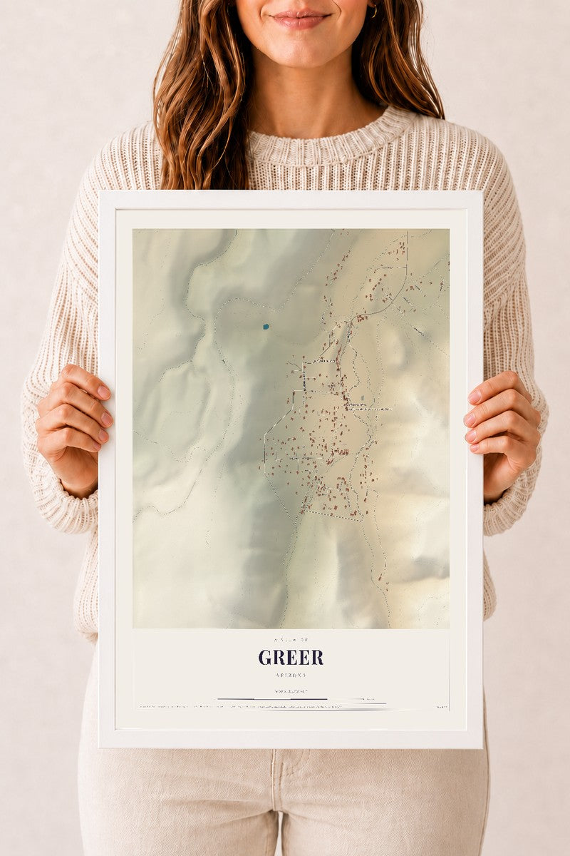 Map of Greer, Arizona, 12 x 18 inch print in a white wood frame