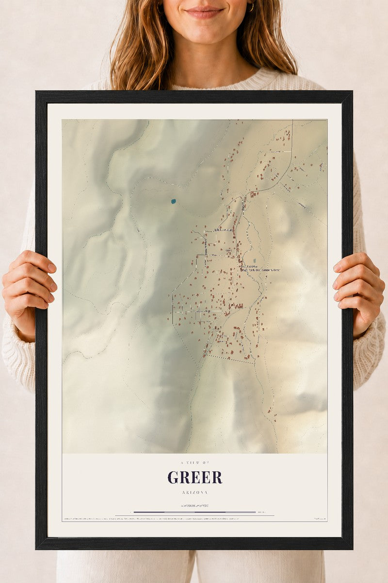 Map of Greer, Arizona, 18 x 24 inch print in a black wood frame