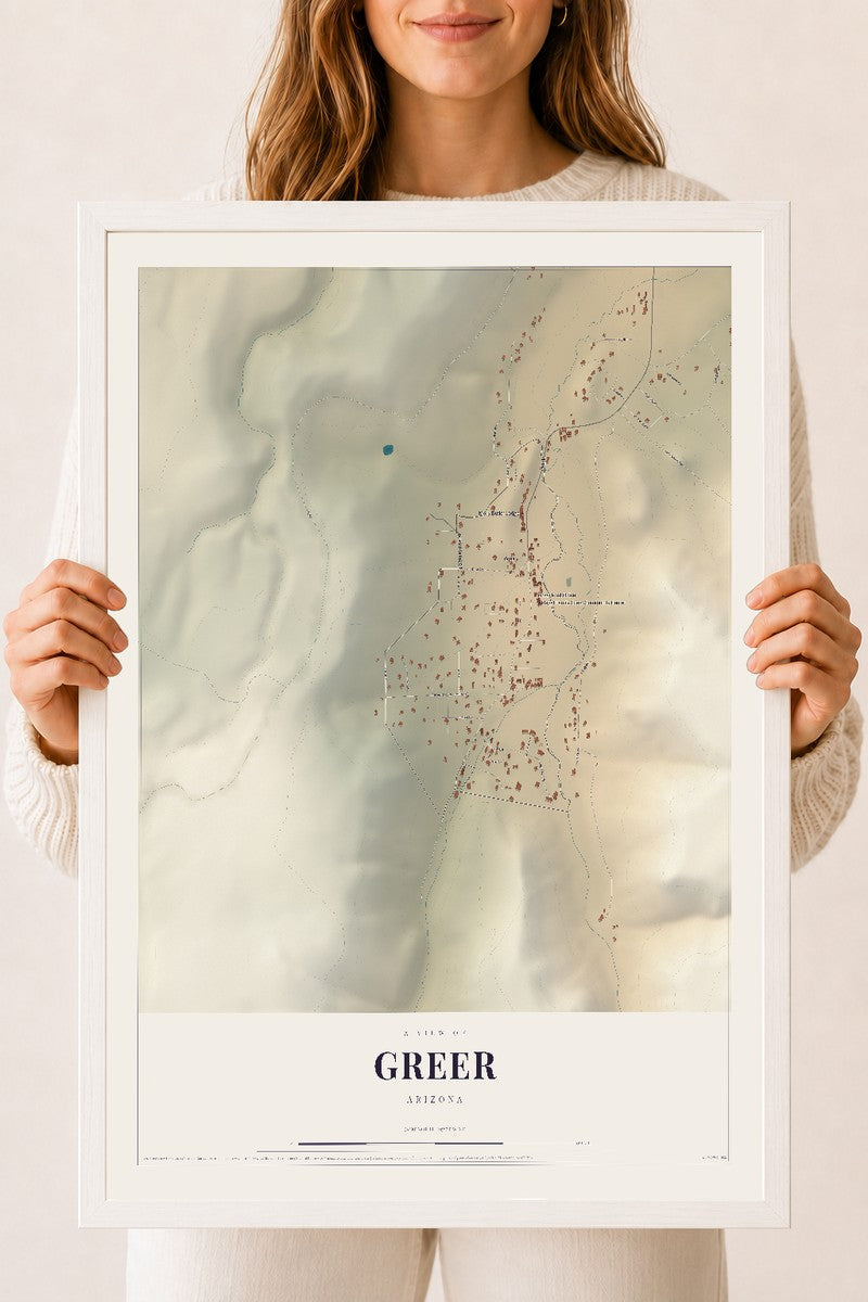 Map of Greer, Arizona, 18 x 24 inch print in a white wood frame