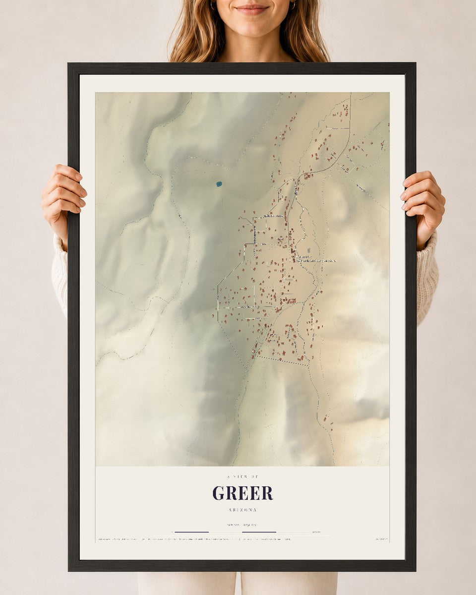 Map of Greer, Arizona, 24 x 36 inch print in a black wood frame