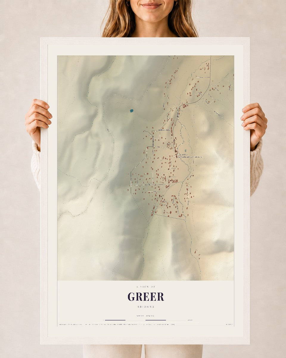 Map of Greer, Arizona, 24 x 36 inch print in a white wood frame