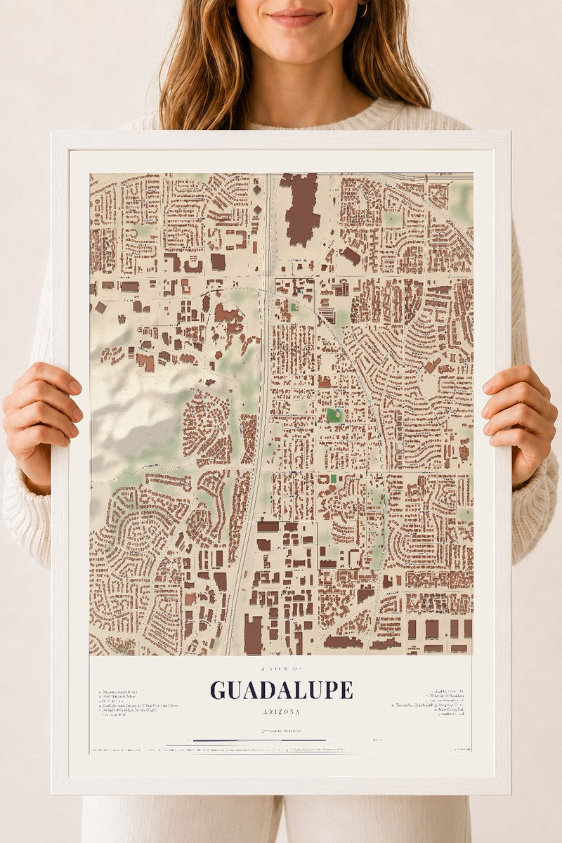 Guadalupe, Arizona map print, 18" x 24", W/ White Ayous Wood Frame